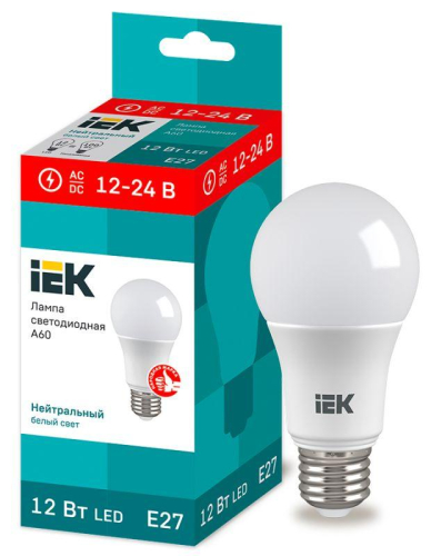 Лампа светодиодная A60 шар 12Вт 12-24В 4000К E27 (низковольтная) IEK LLE-A60-12-12-24-40-E27