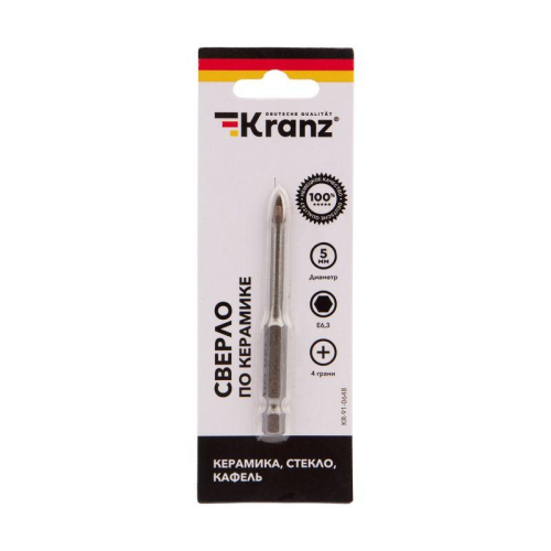 Сверло по стеклу и керамике 5мм 4 грани шестигранный хвостовик Kranz KR-91-0648 фото 3