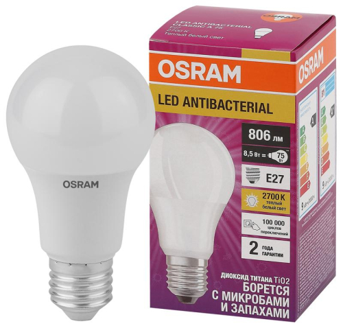 Лампа светодиодная LED Antibacterial A 8.5Вт (замена 75Вт) матовая 2700К тепл. бел. E27 806лм угол пучка 200град. 220-240В бактерицид. покр. OSRAM 4058075560994 фото 2